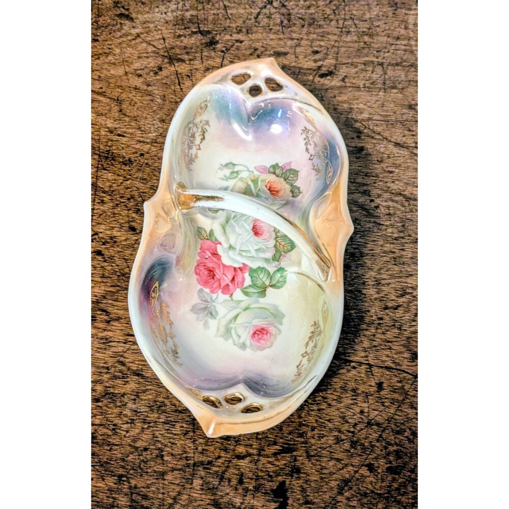 Antique German Porcelain Ilmenau Lusterware Rose Bridged Handle Dish 8"